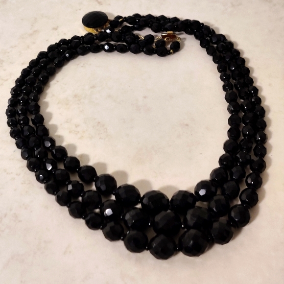 Vintage 60s Jet Black Crystal Graduated Triple Stand Necklace - Picture 2 of 13